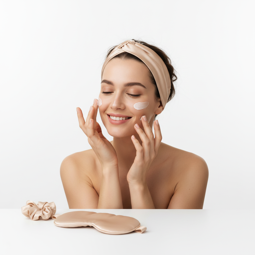 Woman Using Silk Headband for Skincare Routine
